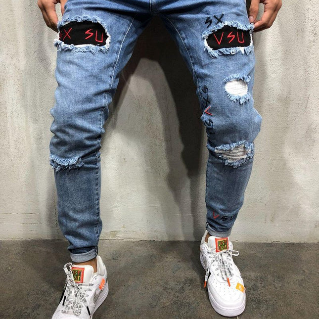 Wholesale Men's Ripped Embroidered Skinny Jeans