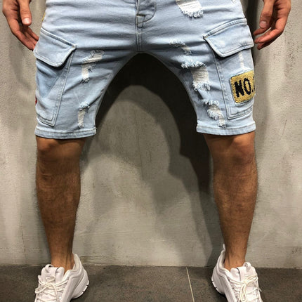 Wholesale Men's Ripped Slim Fit Badge Denim Shorts