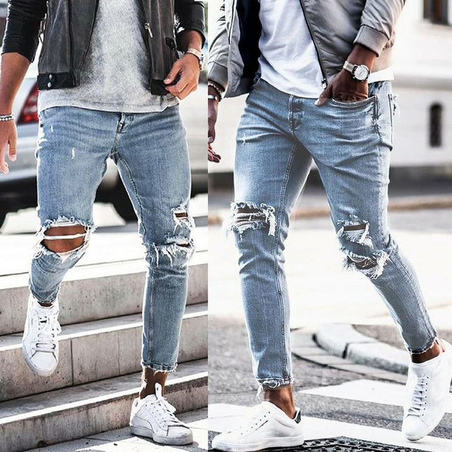 Wholesale Men's Autumn Slim Fit Stretch Ripped Skinny Jeans