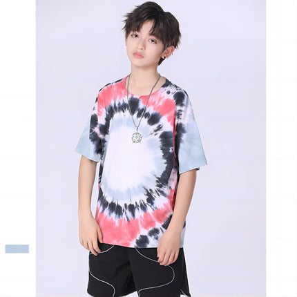 Wholesale Children Spring Summer Tie Dye Drop Shoulder Short Sleeve Dark Black T-Shirt