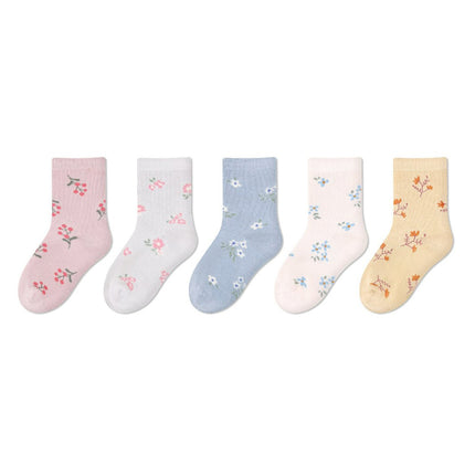 Wholesale 5 Pairs of Kids Fall Flower Plaid Cotton Cute Polka Dot Socks