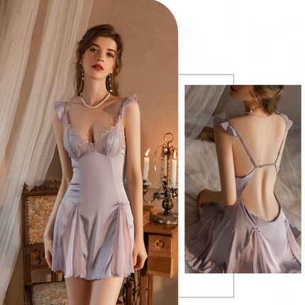 Wholesale Women's Sexy Lace Satin Thin Suspender Nightgown with Breast Pads