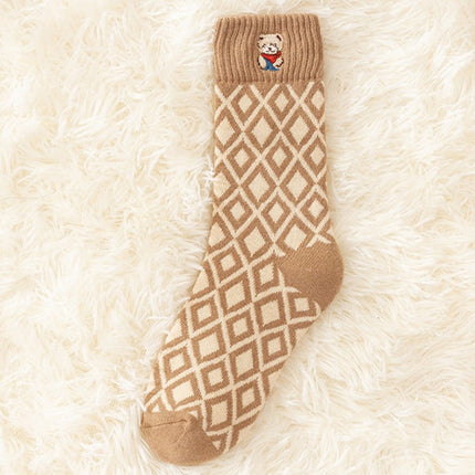 Women's Winter Terry Thickened Velvet Warm Embroidered Cartoon Bear Mid-calf Socks