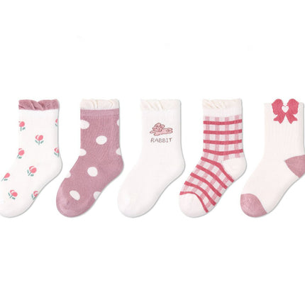 Wholesale 5 Pairs of Kids Fall Flower Plaid Cotton Cute Polka Dot Socks