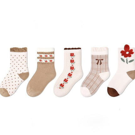 Wholesale 5 Pairs of Kids Fall Flower Plaid Cotton Cute Polka Dot Socks