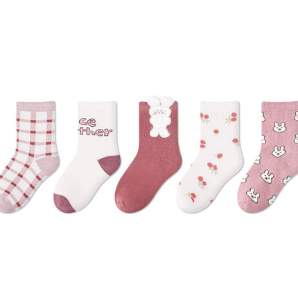 Wholesale 5 Pairs of Kids Fall Flower Plaid Cotton Cute Polka Dot Socks