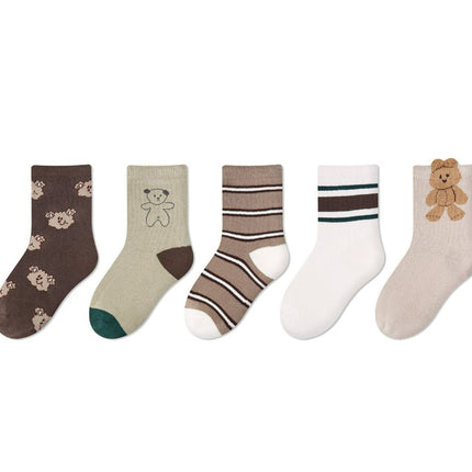 Wholesale 5 Pairs of Kids Fall Flower Plaid Cotton Cute Polka Dot Socks