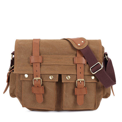 Men's Canvas Travel Bag with Leather Business Shoulder Crossbody Bag Casual Briefcase 