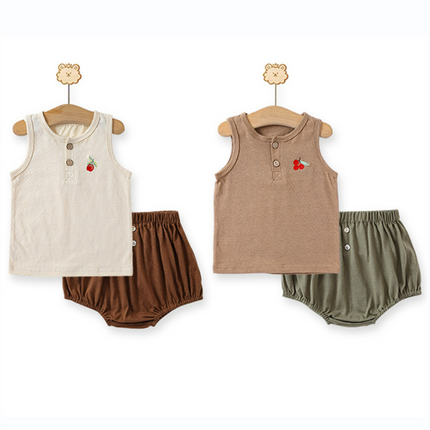 Kids Summer Solid Color Embroidery Vest Shorts Two-piece Set