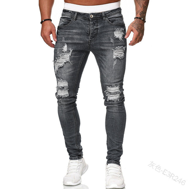 Wholesale Men's Trendy Black Slim Fit Skinny Jeans with Holes