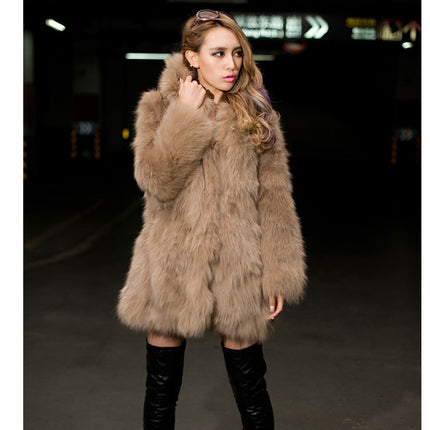 Wholesale Women's Fashion Hooded Mid Length Faux Fur Coat