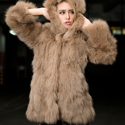 Wholesale Women's Fashion Hooded Mid Length Faux Fur Coat