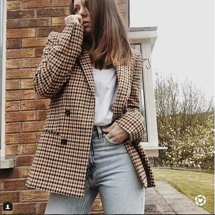 Wholesale Women's Autumn Check Double-breasted Blazer Top