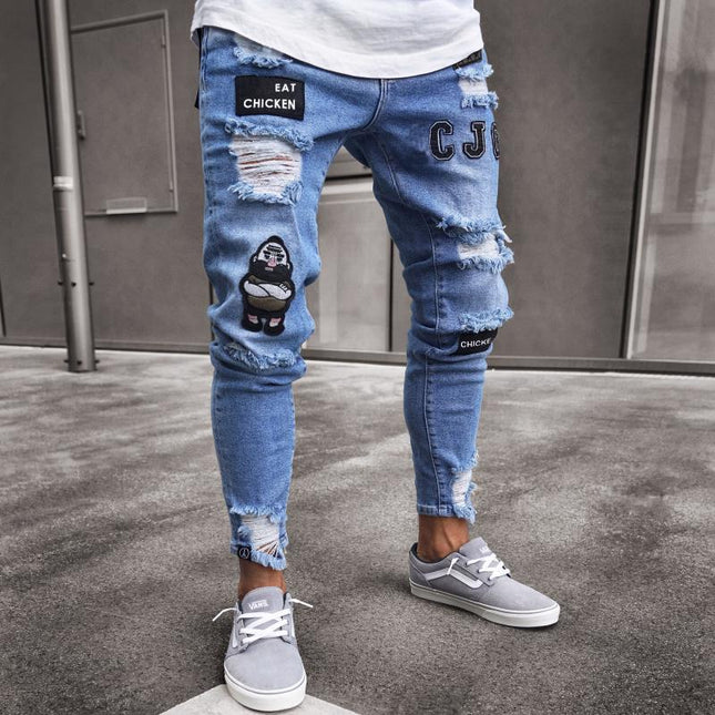 Wholesale Men's Ripped Trendy Black Slim Fit White Jeans