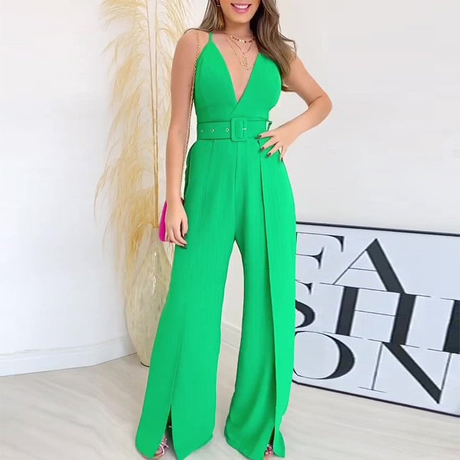 Wholesale Ladies Summer Suspenders V Neck High Waist Slit Hem Wide Leg Ladies Jumpsuits