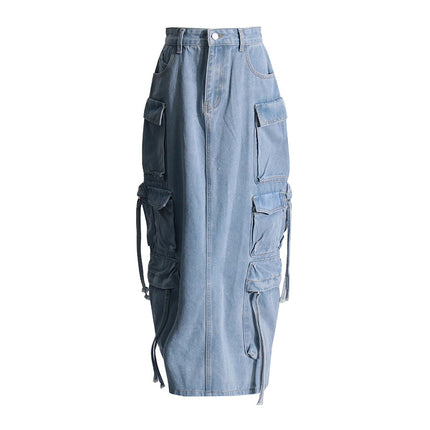 Women's Spring High-waisted Workwear Multi-pocket Embellished Washed Denim Skirt