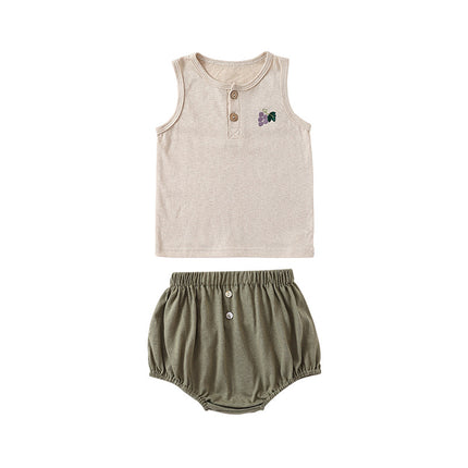 Kids Summer Solid Color Embroidery Vest Shorts Two-piece Set