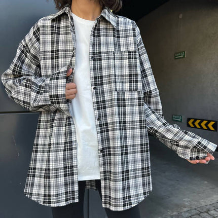 Ladies Fall Winter Casual Pocket Lapel Long Sleeve Neutral Check Shirt