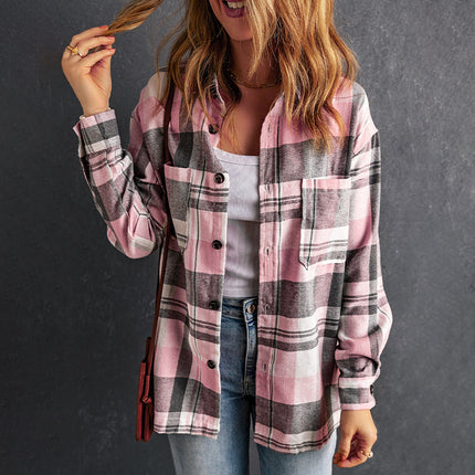 Wholesale Women's Spring Autumn Button Pocket Pink Check Shirt