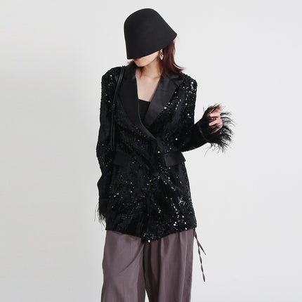 Wholesale Women's V-neck Sequined Ostrich Patchwork Blazer 