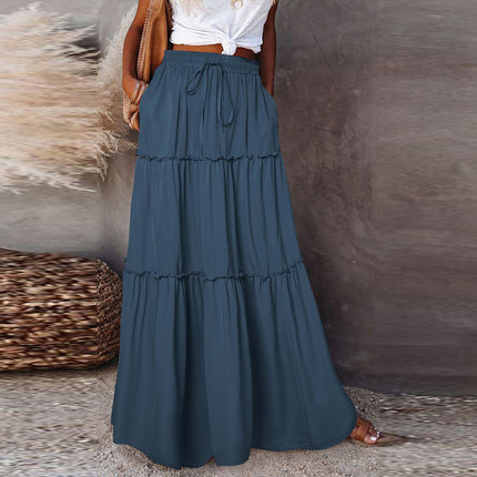 Wholesale Ladies Autumn Winter Solid Color Lace Casual Long Skirt