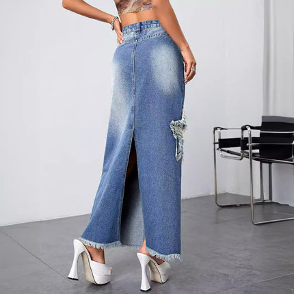 Wholesale Women's Frayed High-waist Slit Raw Edge Maxi Denim Skirt