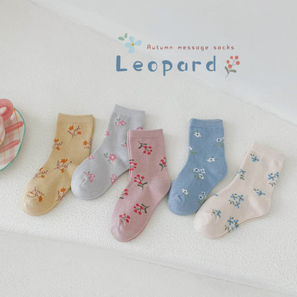 Wholesale 5 Pairs of Kids Fall Flower Plaid Cotton Cute Polka Dot Socks