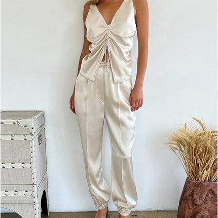 Wholesale Ladies Spring Summer Satin Suspenders V Neck Waist Beige Two Piece Set