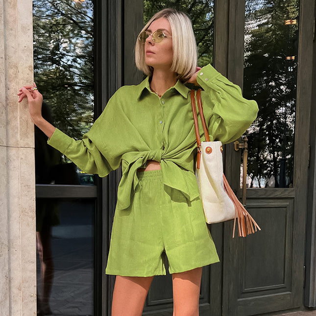 Women's Spring Summer Green Cotton Linen Shirt Shorts Two-piece Set