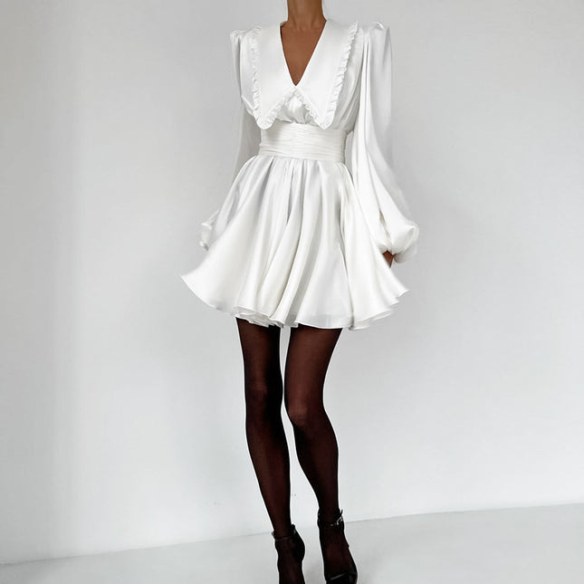 Women's Fall Winter V-neck Puff Sleeve Retro Satin Dress