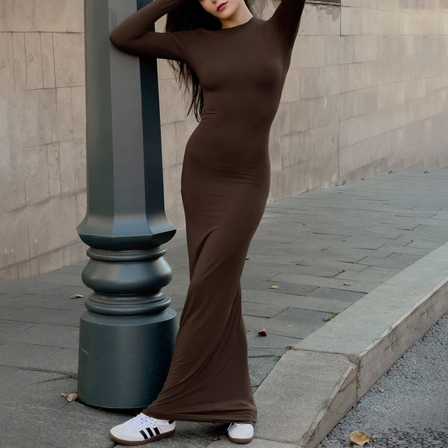 Women's Fall Winter Brown Knitted Hip-wrapped Slim-fitting Maxi Dress