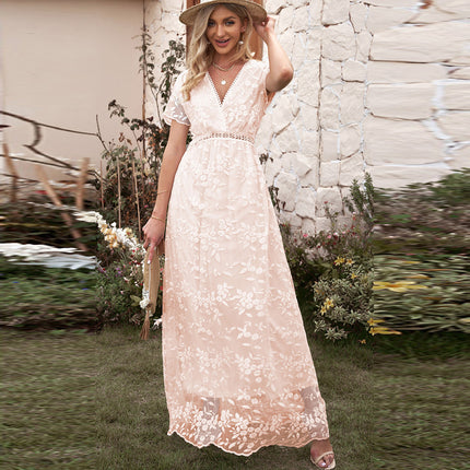 Wholesale Ladies Summer Lace Hook Flower Hollow Solid Color Maxi Dress