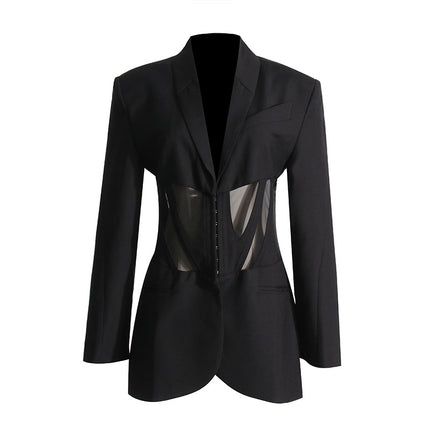 Women's Autumn Fishbone Waist Mesh Splicing Slim See-through Blazer