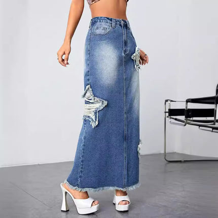 Wholesale Women's Frayed High-waist Slit Raw Edge Maxi Denim Skirt