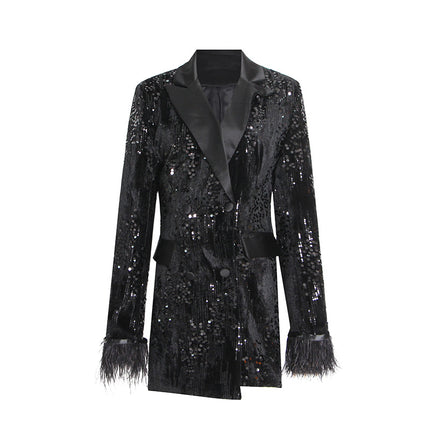 Wholesale Women's V-neck Sequined Ostrich Patchwork Blazer 