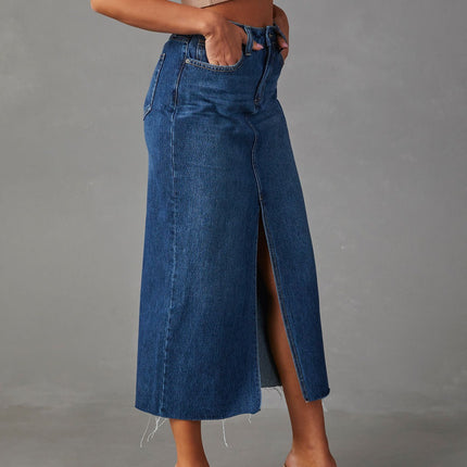 Wholesale Women's Slit Denim High Waist Washed Mid Length Skirt