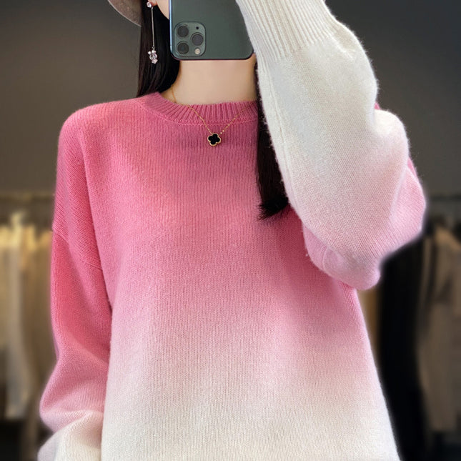 Women's Round Neck Color Matching Loose 100% Pure Wool Sweater
