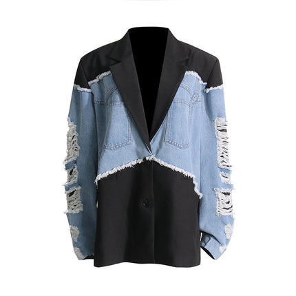 Women's Spring Loose Contrast Color Patchwork Denim Blazer Jacket Top