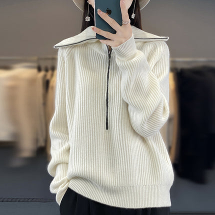 Wholesale Women's Autumn Winter Loose Lapel Half-Zip Wool Sweater