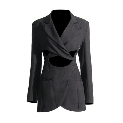 Wholesale Women's Spring Autumn Hollow Drawstring Mid-length Blazer