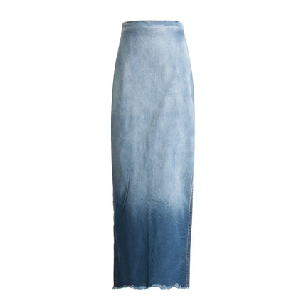 Wholesale Women's Blue Gradient Fashion High Waist Hip Slit Long Skirt Trendy