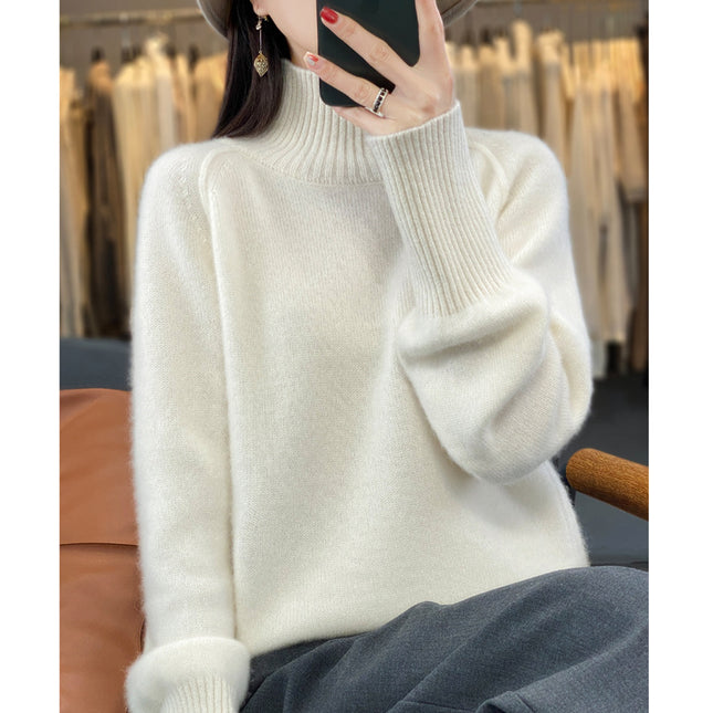 Women's Thickened Pullover Raglan Sleeve High Neck 100% Solid Color Wool Sweater