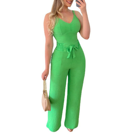 Women's Spring V Neck Cropped Vest Tether High Waist Patch Pocket Straight Leg Pants Casual Suit