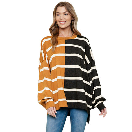 Wholesale Women's Fall Winter Loose Contrast Color Round Neck Striped Hoodies