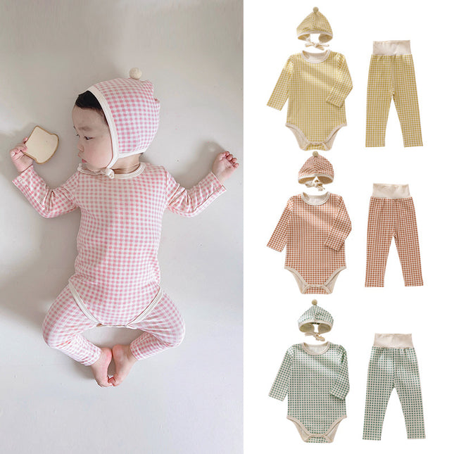 Wholesale Wholesale Baby Spring Long Johns Clothes Set Infant Check Thermals Three-piece Set