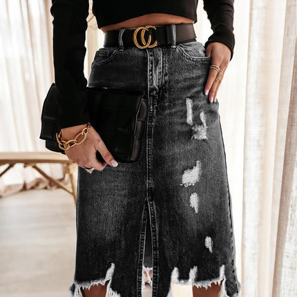 Women's Summer Denim Washed Irregular Hole Tassel Mid-length Skirt