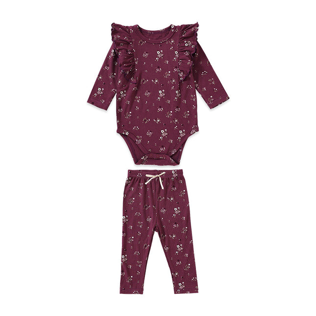 Newborn Baby Long-sleeved Ruffle Cotton Floral Romper Leggings Set