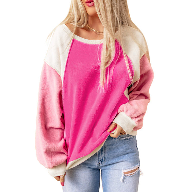 Wholesale Women's Loose Round Neck Rose Color Block Pullover Fleece Hoodies