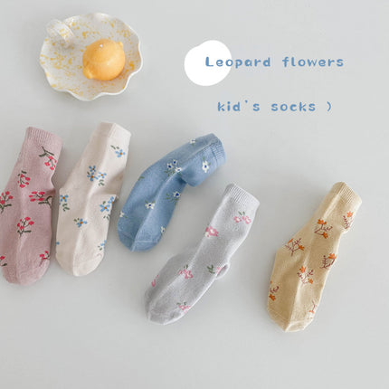 Wholesale 5 Pairs of Kids Fall Flower Plaid Cotton Cute Polka Dot Socks