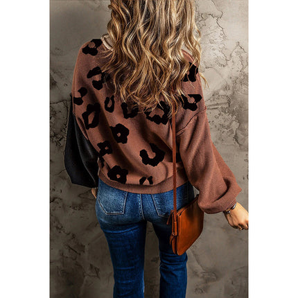 Wholesale Women's Autumn Leopard  Color Block Pullover Long Sleeve Sweater Top
